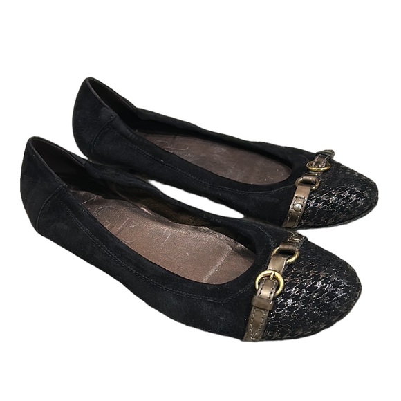 AGL Monika Black Suede Leather Metallic Gold Houndstooth Cap Toe Flats - 8.5 - Picture 2 of 15